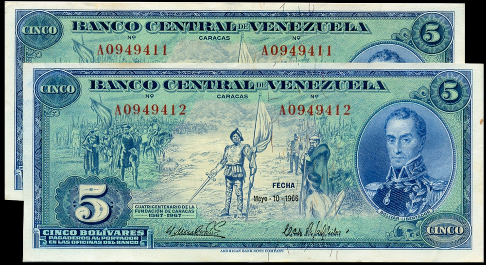 Pareja Billetes 5 Bolívares 1966 A7 Seriales A1949411 y A1949412 - Dieguitos - Numisfila