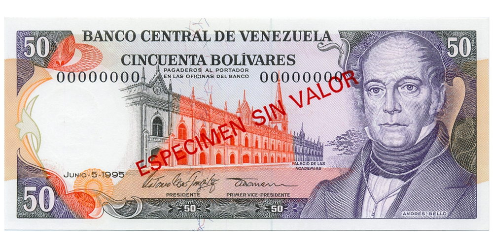 Billete Espécimen Sin Valor 50 Bolivares 1995 - Numisfila