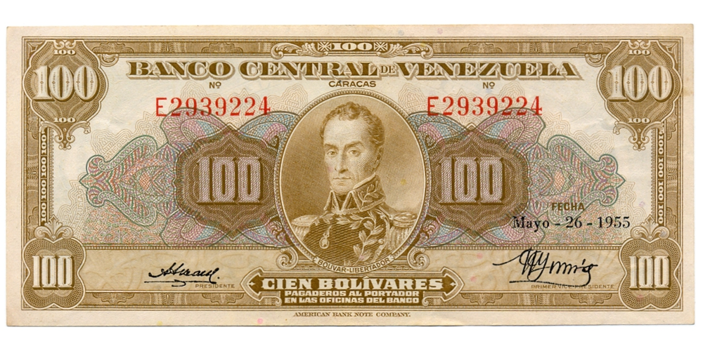 Billete 100 Bolívares Mayo 1955 E7 Serial E2939224 - Numisfila