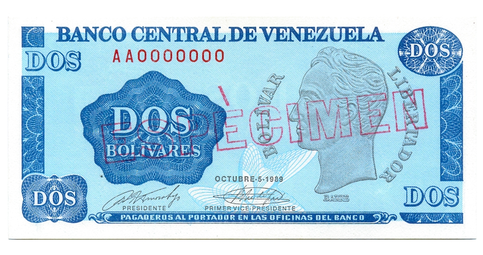 Espécimen Billete 2 Bolívares AA7 1989 Tinoquito - Numisfila