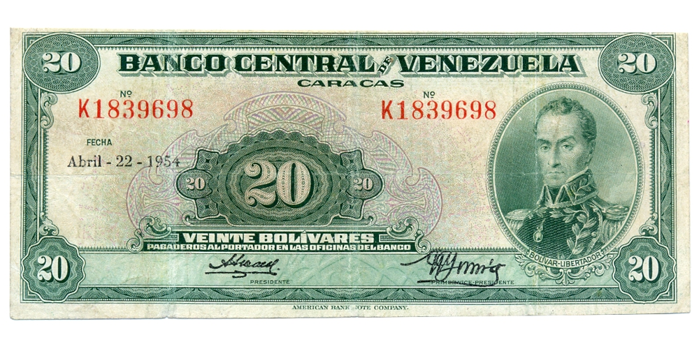 Billete 20 Bolívares Abril 1954 K7 Serial K1839698 - Numisfila
