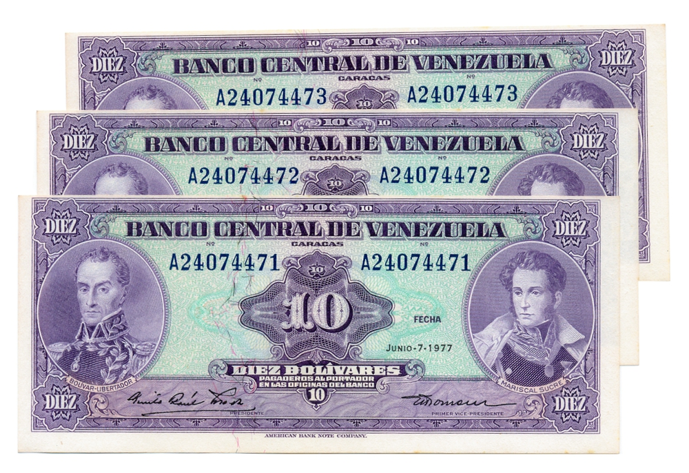 Trío Billetes 10 Bolívares 1977 A8 Seriales A24074471 al A24074473 - Numisfila