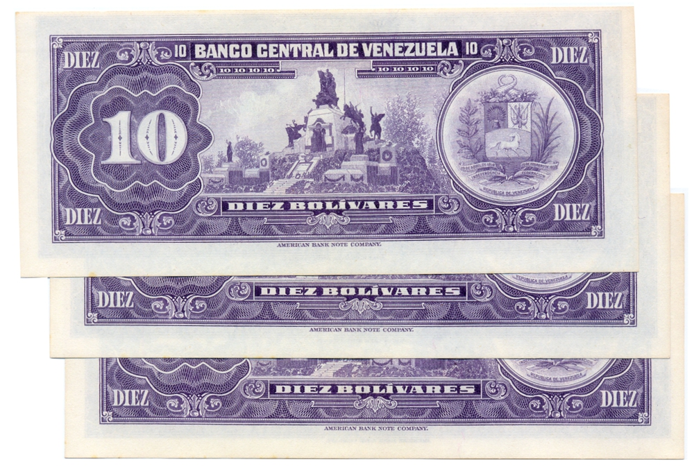Trío Billetes 10 Bolívares 1977 A8 Seriales A24074471 al A24074473  - Numisfila