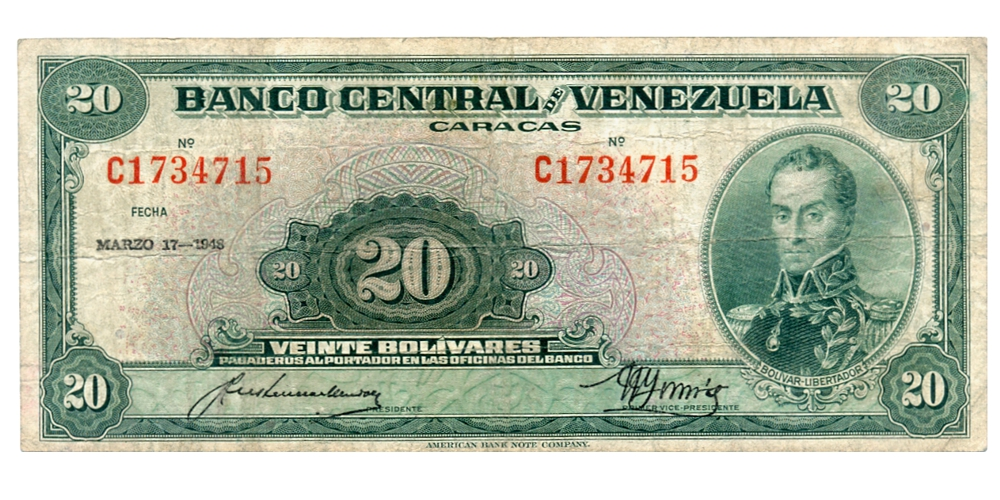 Billete 20 Bolívares Marzo 1948 Serial C1734715 - Numisfila
