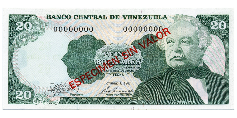 Espécimen Sin Valor Billete 20 Bolívares 1981  - Numisfila
