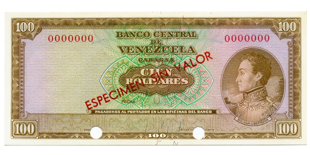 Billete Espécimen Sin Valor 100 Bolívares 1963/73 Leyenda Pequeña Con Perforación - Numisfila