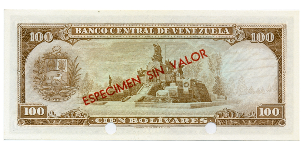 Billete Espécimen Sin Valor 100 Bolívares 1963/73 Leyenda Pequeña Con Perforación  - Numisfila