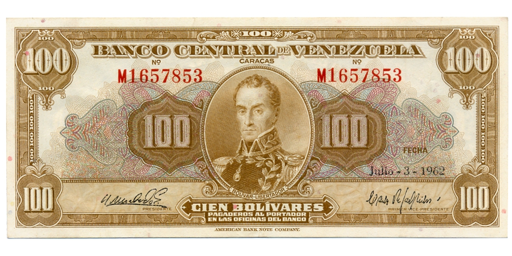 Billete 100 Bolívares 1962 M7 Serial M1657853 - Numisfila