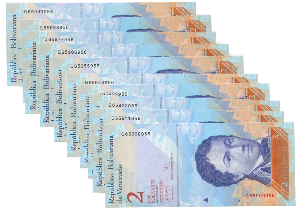 10 Billetes 2 Bolívares Mayo 2007 G8 Escalera Capicúas G65900956 al G65999956 - Numisfila