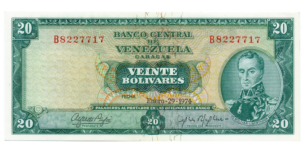 Bello Billete 20 Bolívares Enero 1974 B7 Serial B8227717 - Numisfila