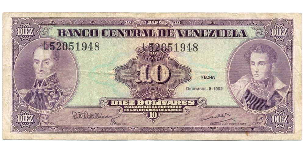 Error Billete 10 Bolívares 1992 L8 Serial Desplazado L52051948 - Numisfila