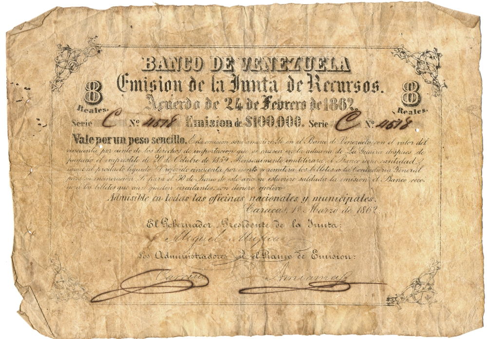 Billete Banco de Venezuela 8 Reales / 1 Peso 1862 Serie C N°4518 - Numisfila