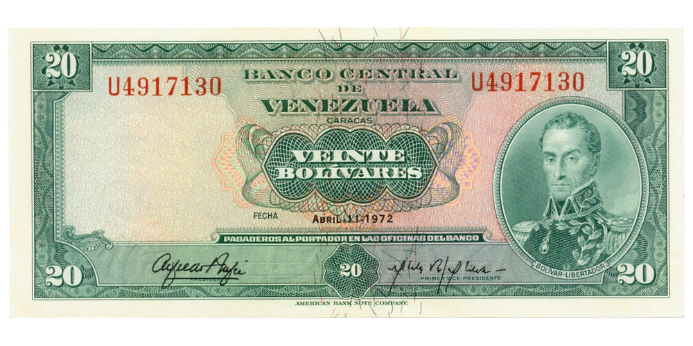Billete 20 Bolívares 1972 U7 Serial U4917130 - Numisfila