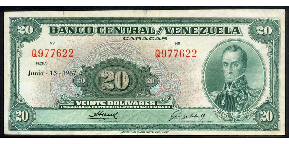 Billete 20 Bolívares 1957 Q6 Serial Q977622 - Numisfila