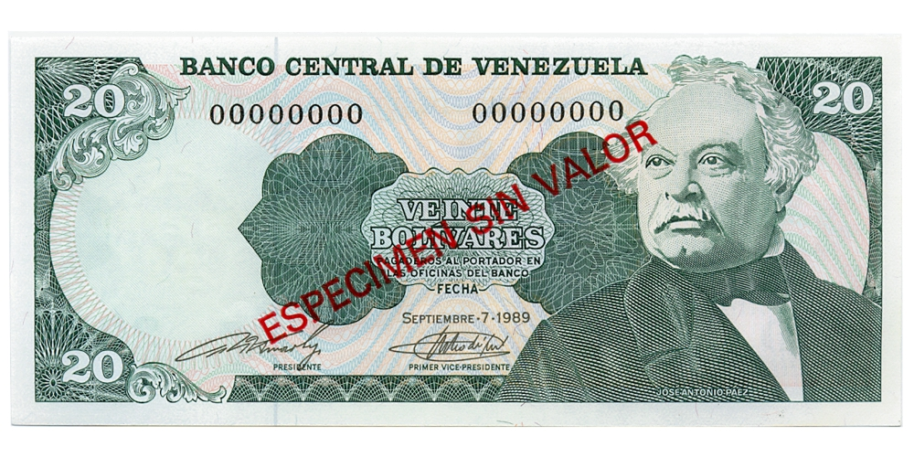 Espécimen Sin Valor Billete 20 Bolívares 1989 - Numisfila