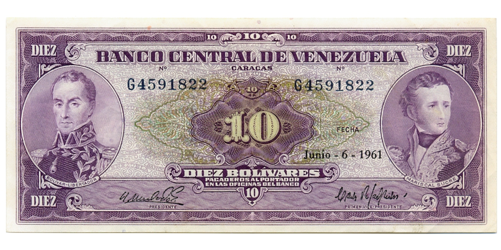 Billete 10 Bolívares 1961 G7 Serial G4591822 Cara Volteada - Numisfila