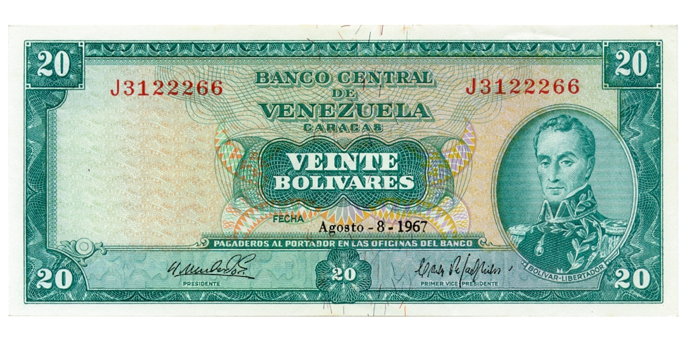 Bello Billete 20 Bolívares 1967 J7 Serial J3122266 - Numisfila