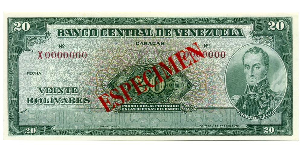 Billete Espécimen Sin Valor 20 Bolívares 1960/1966 X0000000 - Numisfila