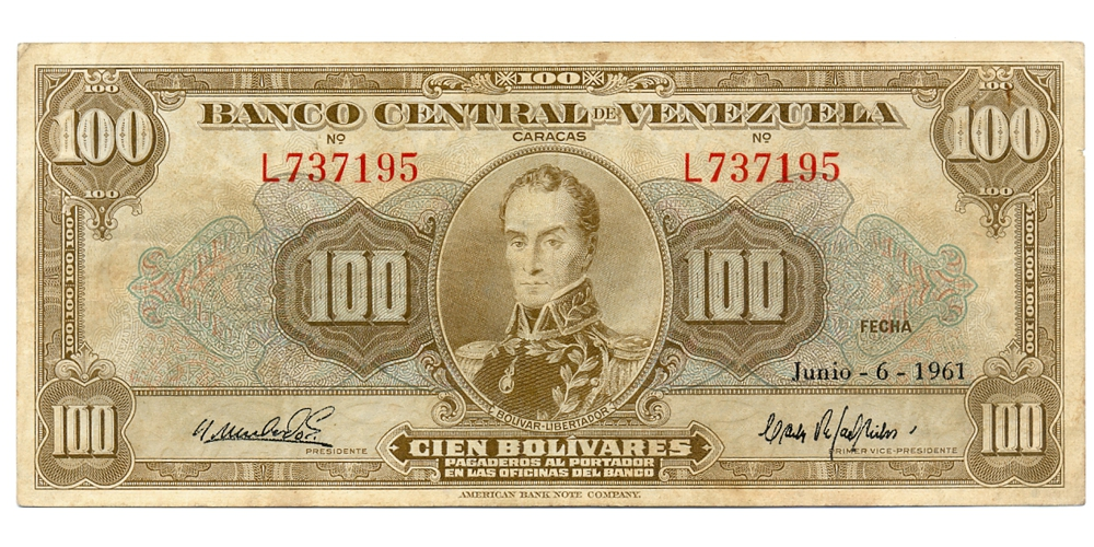 Billete 100 Bolívares 1961 Difícil L6 Serial L737195 - Numisfila
