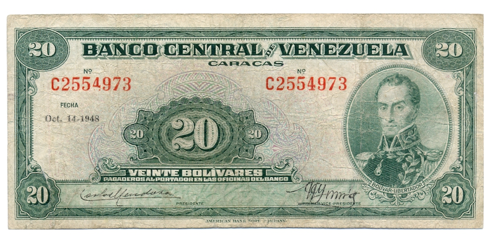 Billete 20 Bolívares Octubre 1948 C7 Serial C2554973 - Numisfila