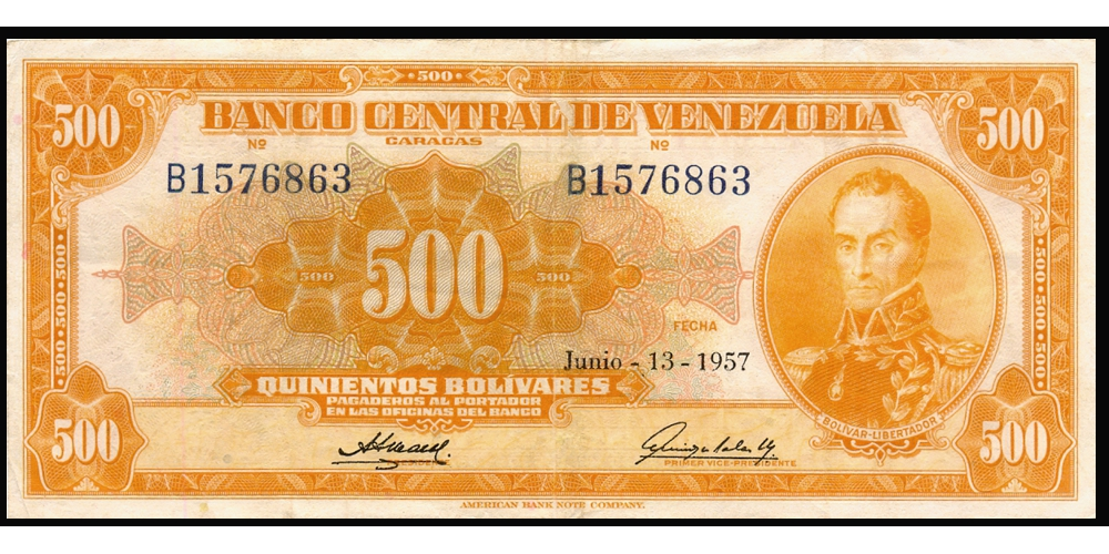 Billete Canario 500 Bolívares Difícil Junio 1957 Serial B1576863 - Numisfila