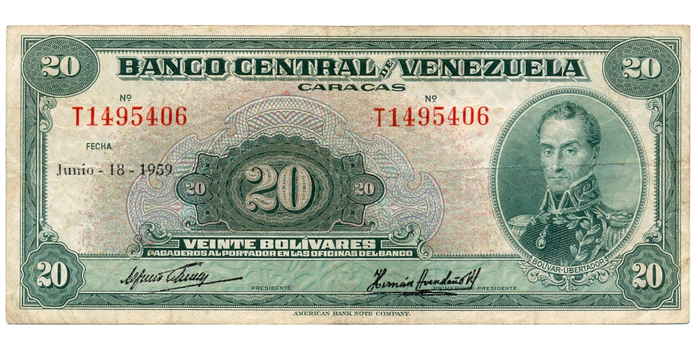 Billete 20 Bolívares 1959 T7 Serial T1495406   - Numisfila