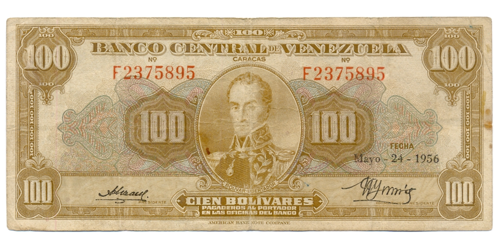 Billete 100 Bolívares Mayo 1956 F7 Serial F2375895 - Numisfila