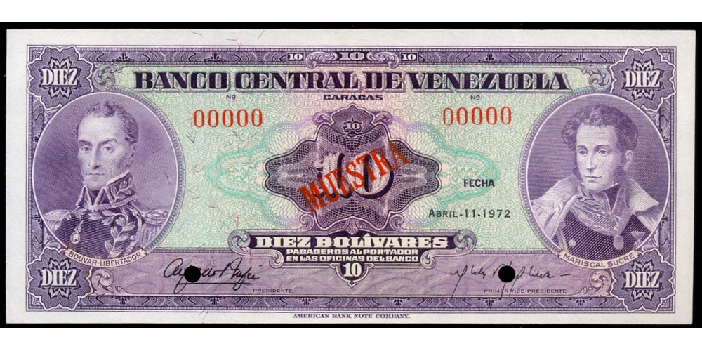 Billete Muestra 10 Bolívares Abril 1972  - Numisfila