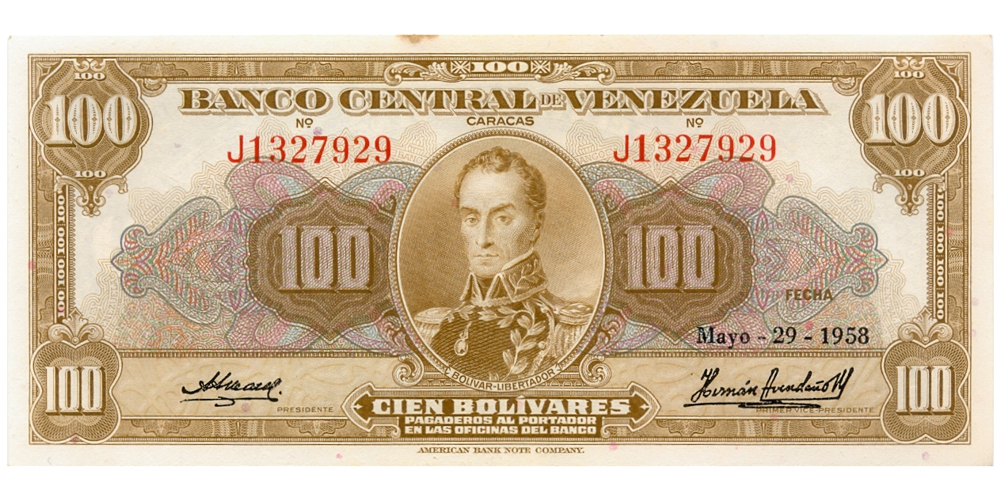 Billete 100 Bolívares 1958 J7 Serial J1327929  - Numisfila