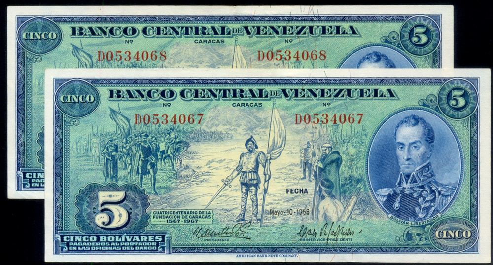 Pareja Billetes 5 Bolívares 1966 Difícil D7 Seriales D0534067 y D0534068 Dieguitos...!!! - Numisfila