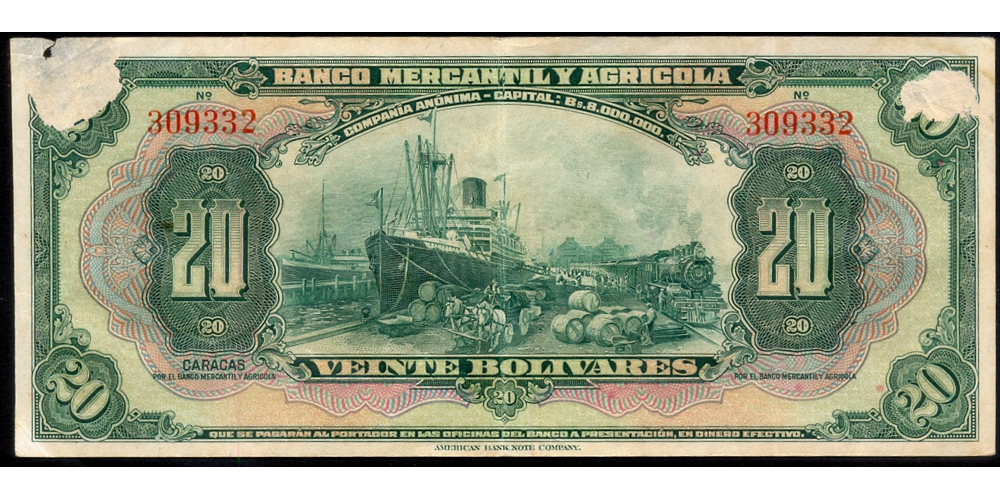 Banca Privada Billete 20 Bolívares Bco Mercantil y Agrícola 1926 Remainder - Numisfila