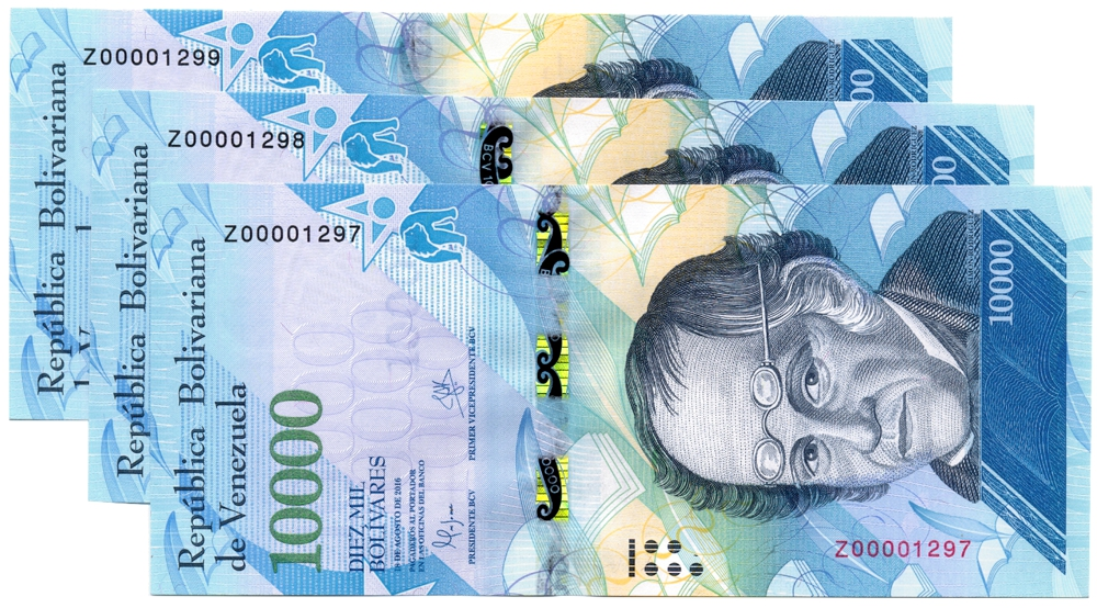 Trío Billetes Reposición 10.000 Bolívares 2016 Z8 Seriales Z00001297 al Z00001299 - Numisfila