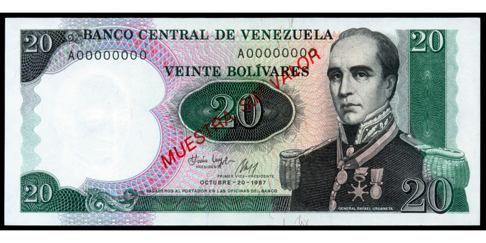 Billete Muestra Sin Valor 20 Bolívares Oct 1987 Urdaneta - Numisfila