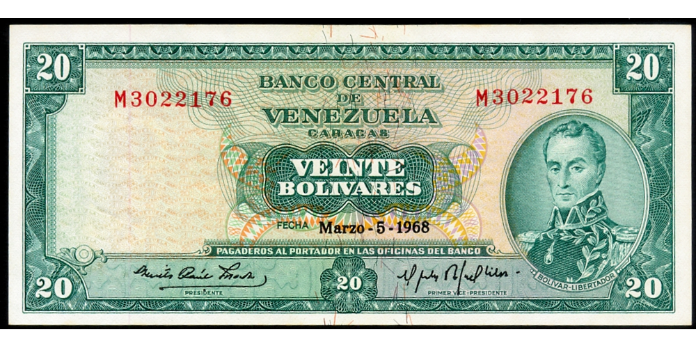 Bello Billete 20 Bolívares 1968 M7 Serial M3022176 - Numisfila