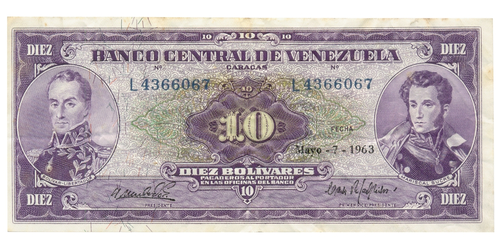 Billete 10 Bolívares 1963 L7 Serial L4366067 - Numisfila