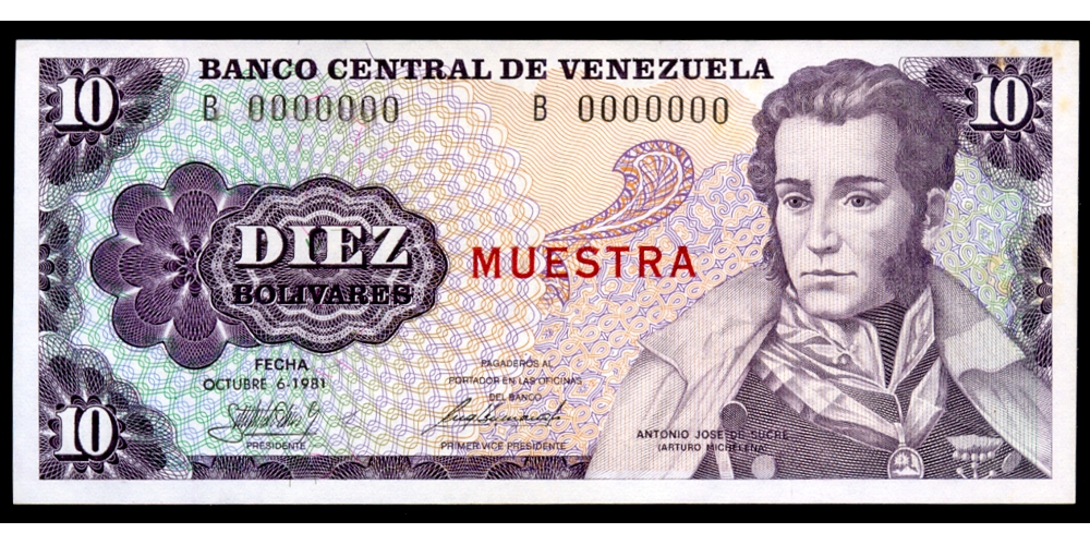Muestra Billete 10 Bolívares 1981 Muestra Muestra en Reverso - Numisfila