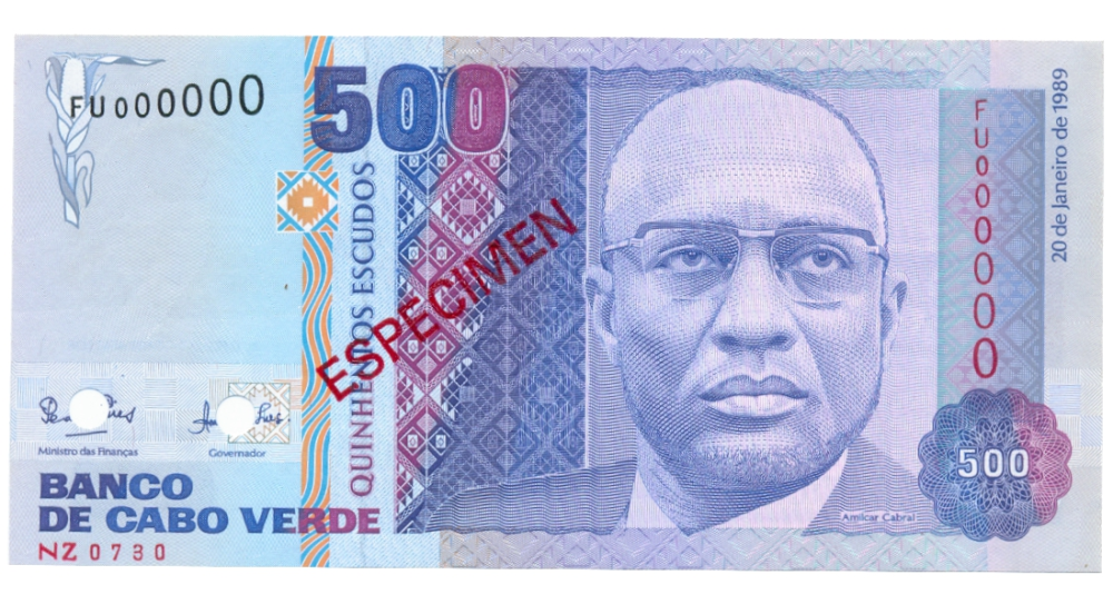 Billete Especimen Cabo Verde 500 Escudos 1989 Amílcar Cabral  - Numisfila