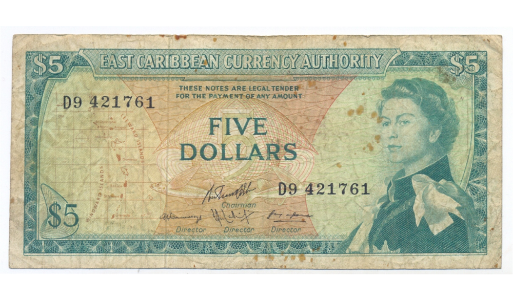 Billete Caribe del Este 5 Dólares 1965  - Numisfila