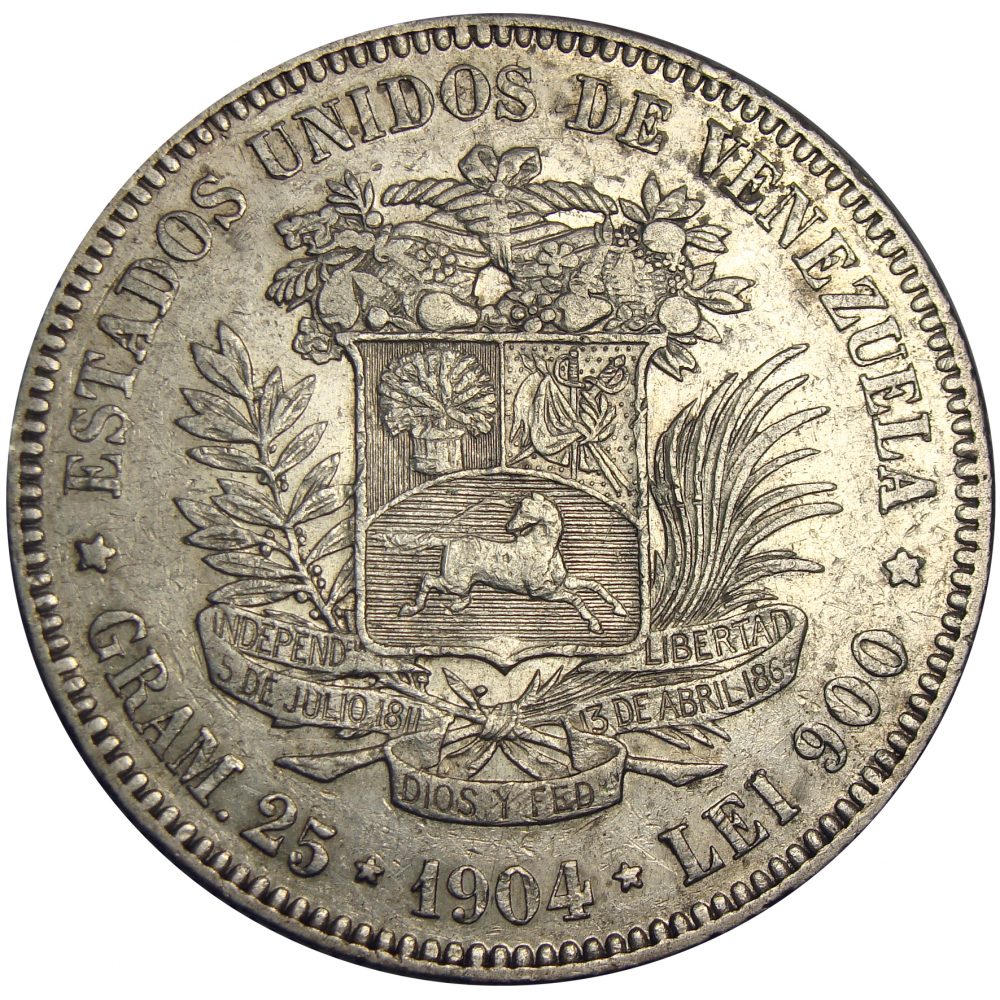 Moneda Plata 5 Bolivares Fuerte 1904 Dificil - Numisfila