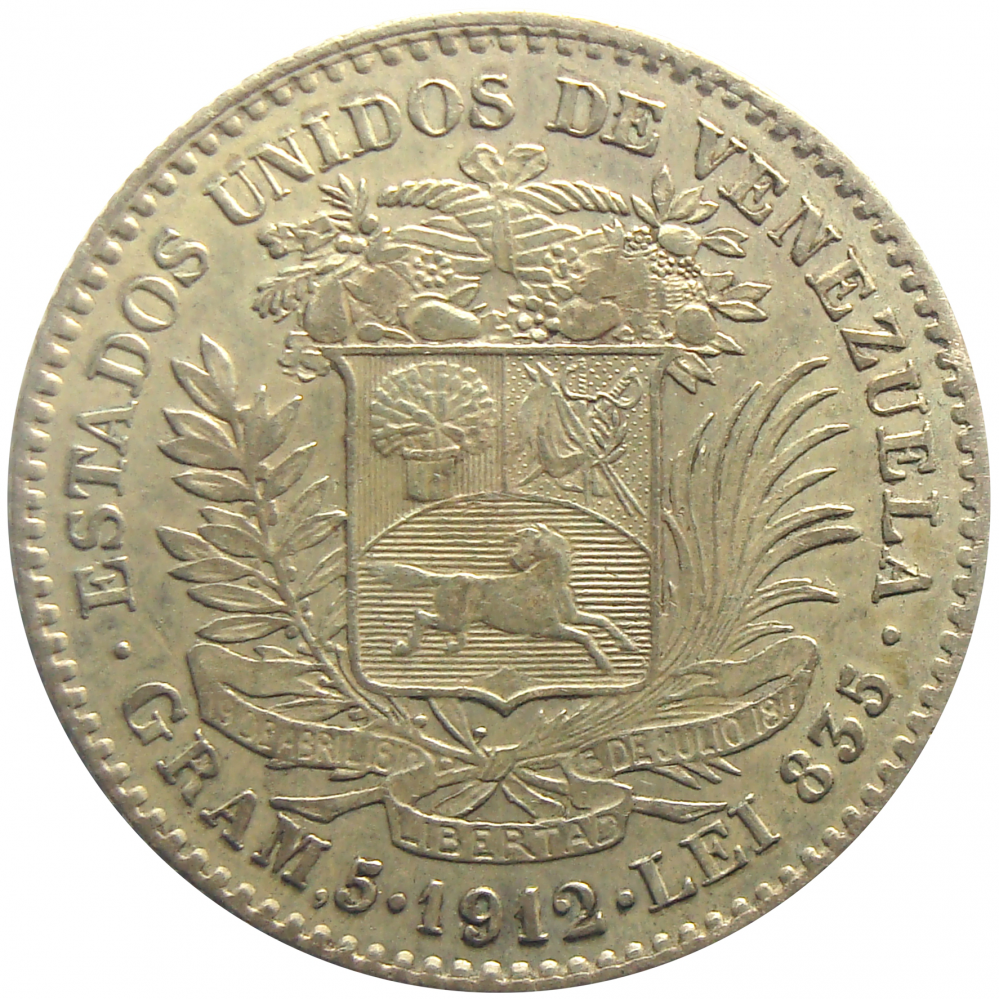 Moneda Plata 1 Bolivar 1912 Fecha Ancha - Numisfila