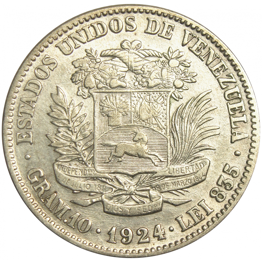 Moneda Plata 2 Bolívares 1924 Fecha Ancha - Numisfila