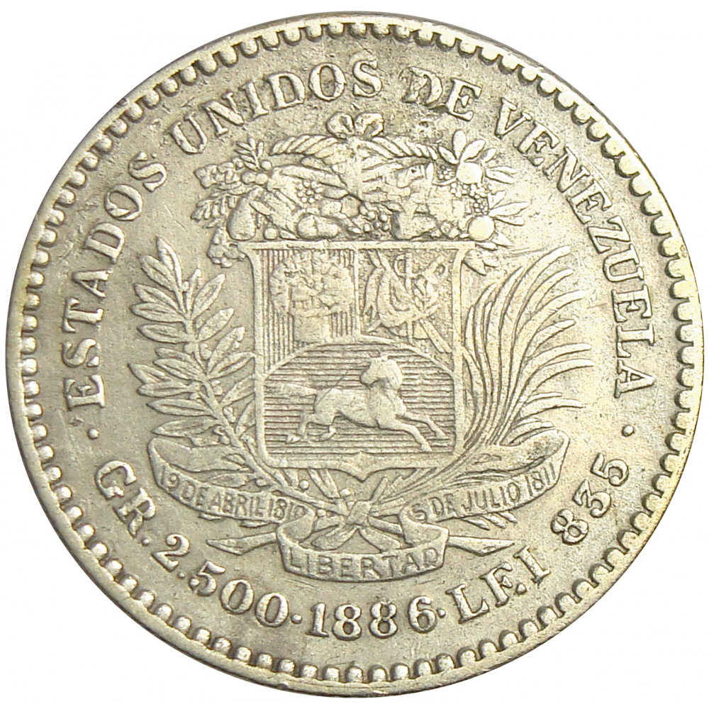 Moneda ½ Bolivar Real Plata 1886 2do 8 Alto - Numisfila