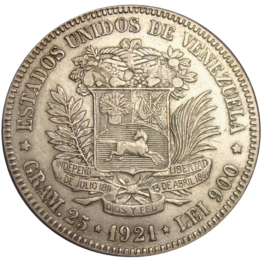 Moneda Plata 5 Bolivares 1921 Fecha Ancha - Numisfila