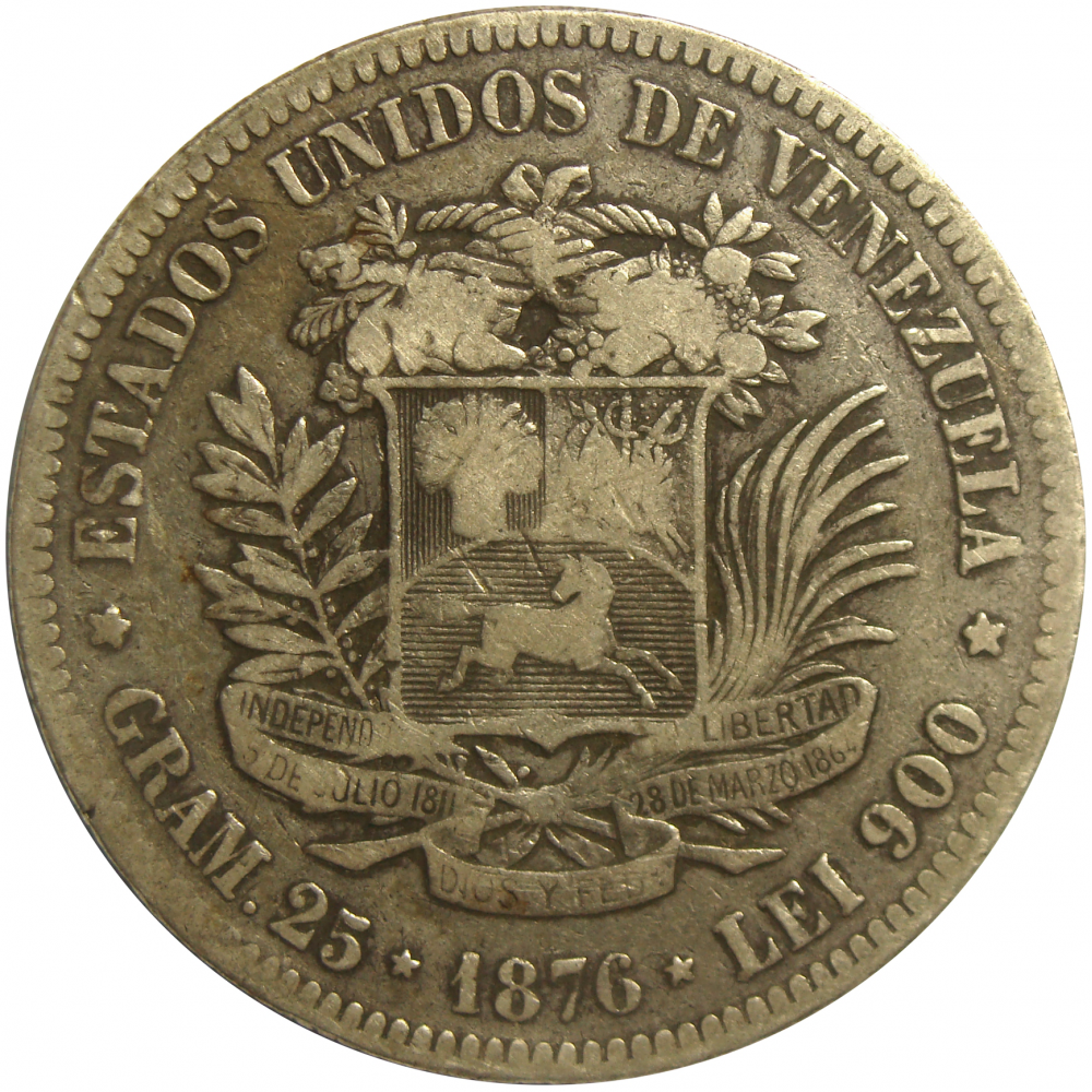 Venezolano 1876 Moneda de Plata - Popularmente 1er Fuerte - Numisfila