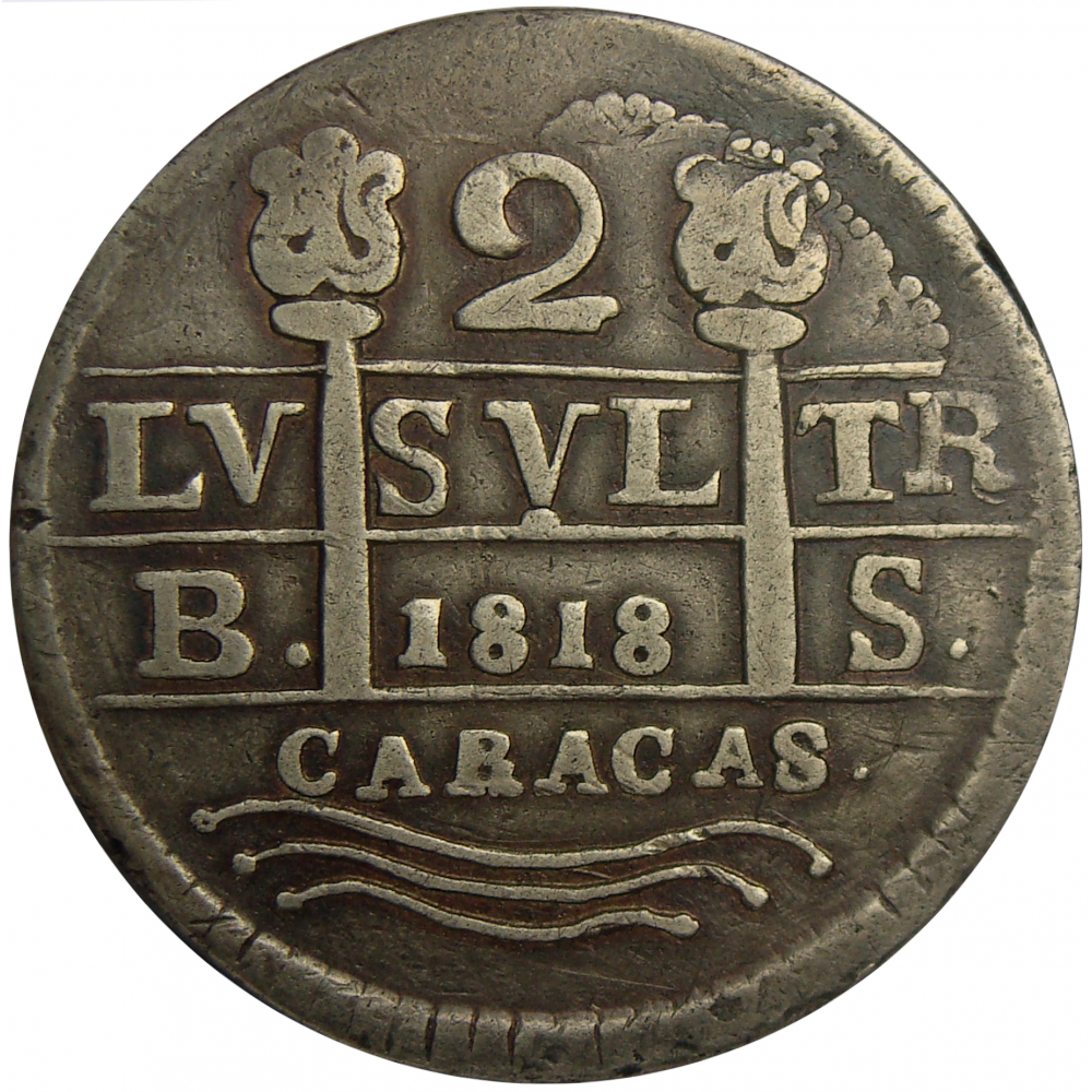 Moneda 2 Reales 1830 Anacrónica 1818 Gran Colombia Reacuñada Carlos III - Numisfila