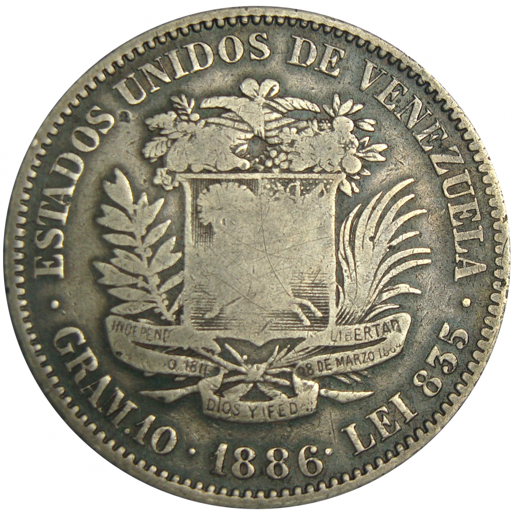 Moneda Plata 2 Bolivares 1886 Variante 6 Cerrado - Numisfila
