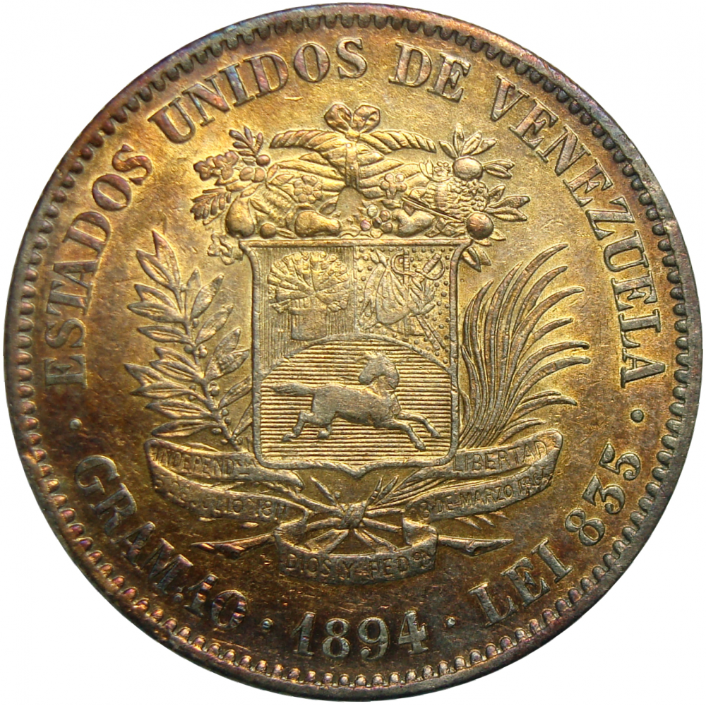 Hermosa Moneda de Plata 2 Bolivares 1894  - Numisfila