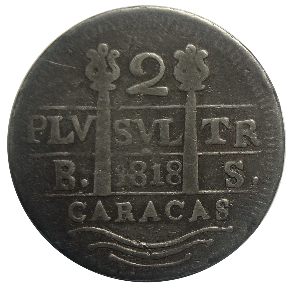 Escasa Moneda Caracas 2 Reales 1818 con anverso 1817 Morillera  - Numisfila