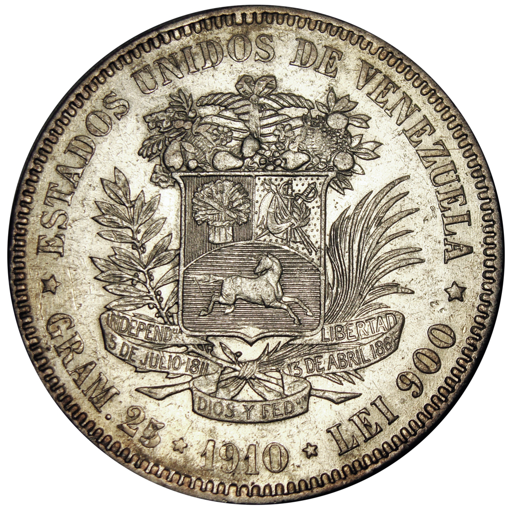 Buena Moneda Plata 5 Bolívares Fuerte 1910 Cero Redondo  - Numisfila