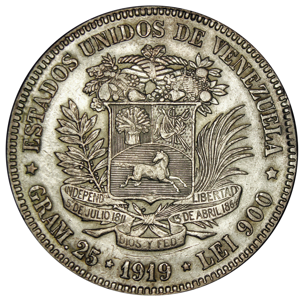 Excelente Moneda Plata 5 Bolivares Fuerte 1919  - Numisfila